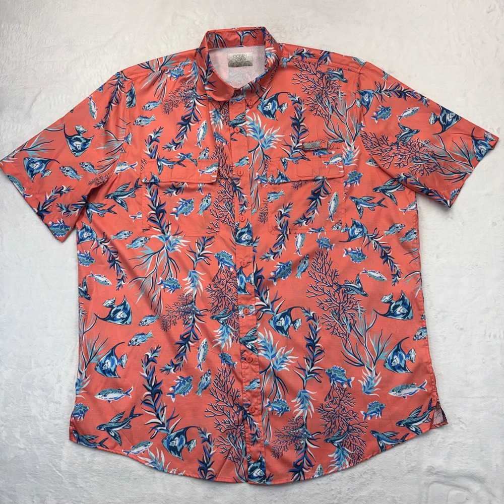 Ocean Coast Mens XLT Fishing Shirt Coral Orange Tropical Fish Print Short Sleeve